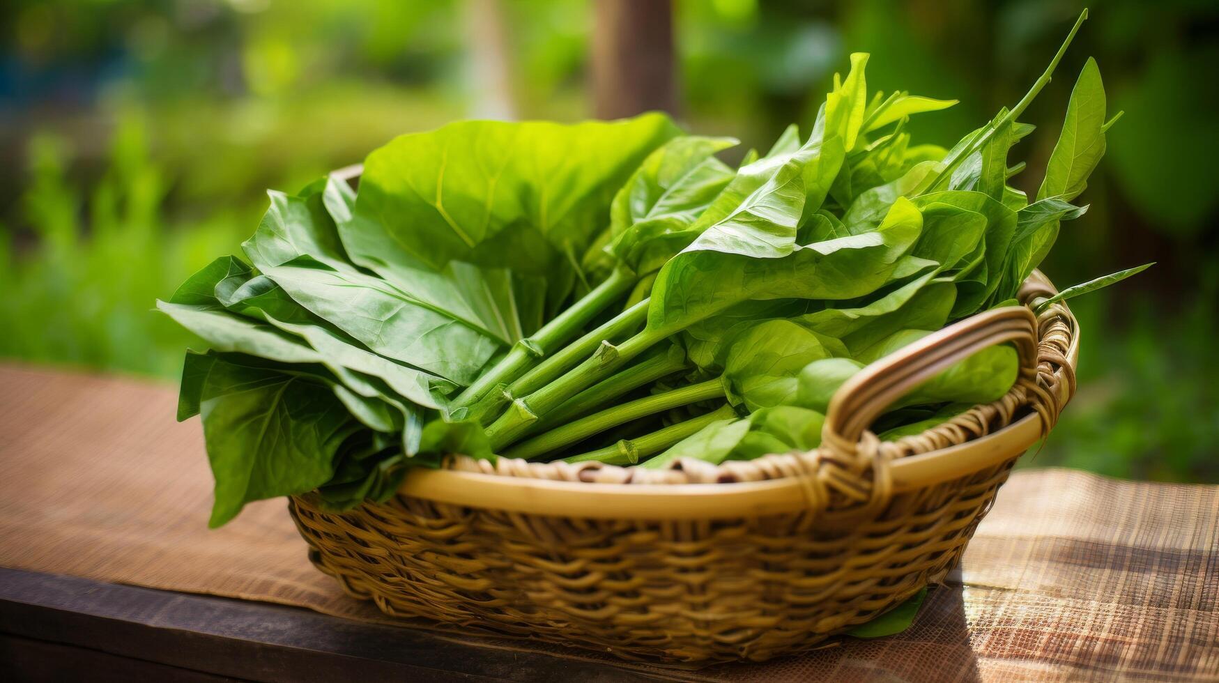 Organic greens in bamboo basket photo