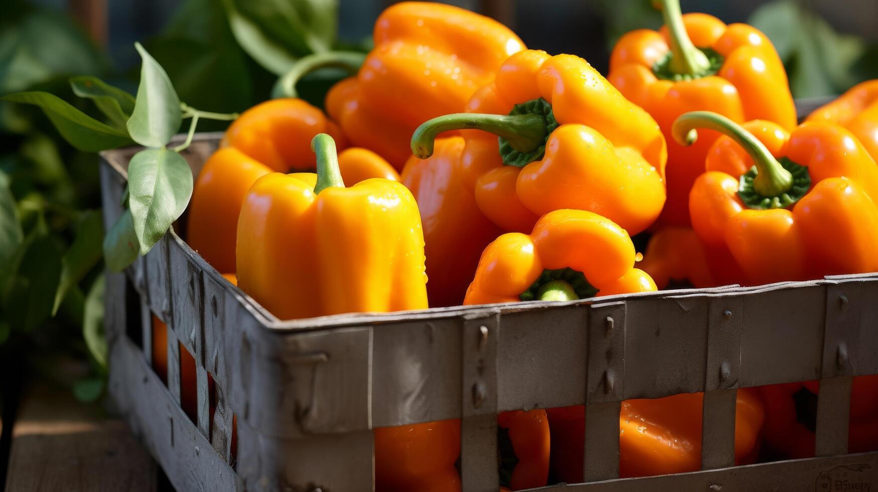 Vintage milk crate with red peppers photo