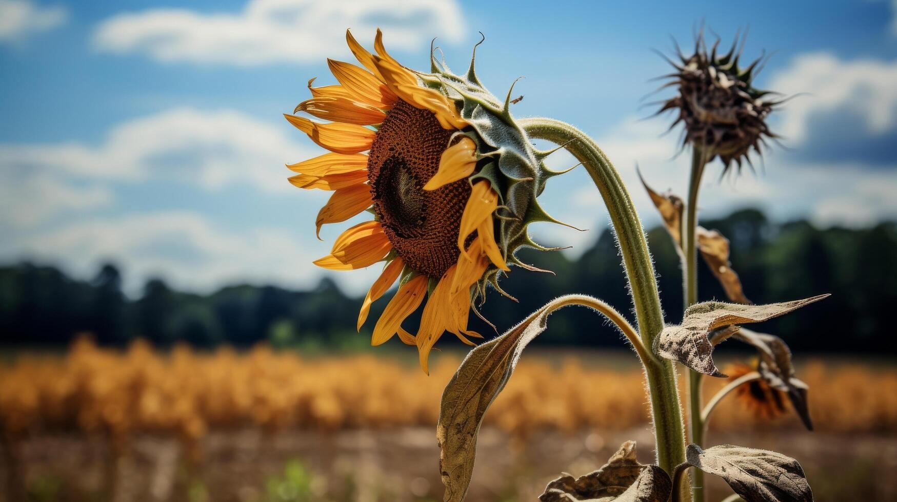 Lone sunflower droops in isolation photo