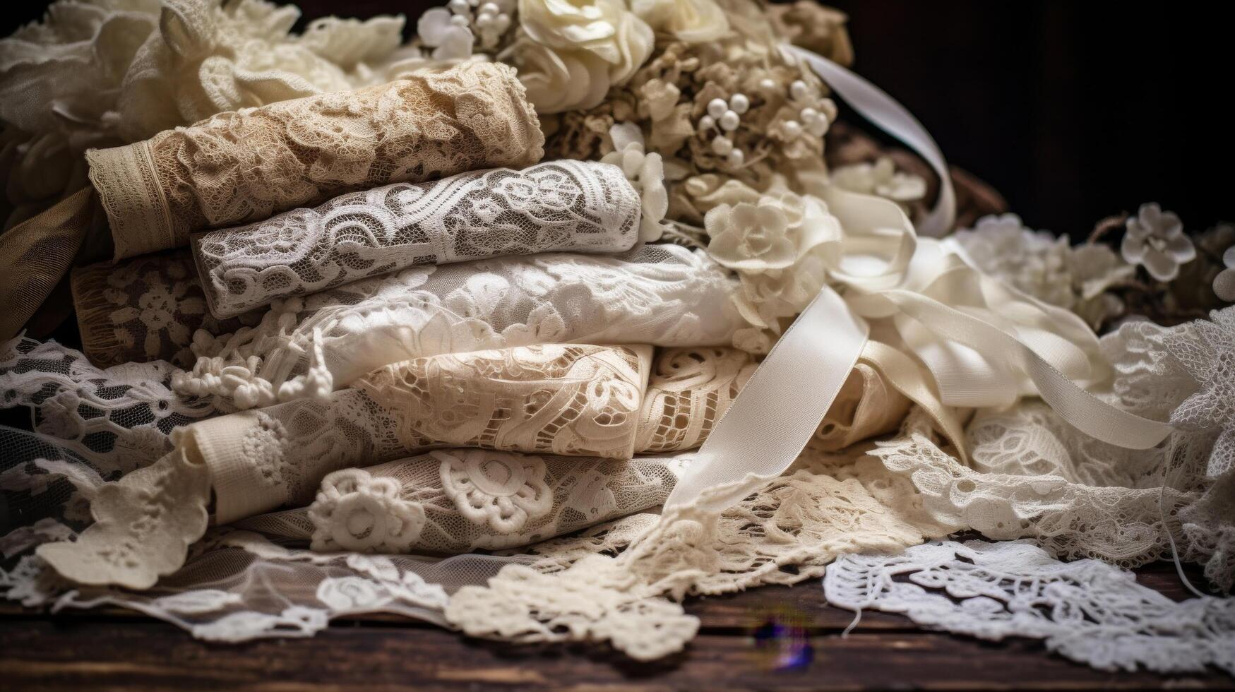 Stack of vintage lace trims photo