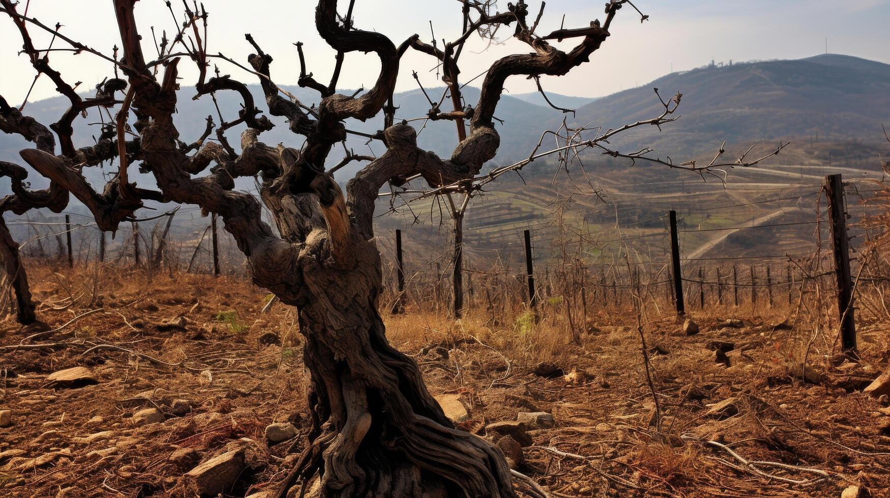 Wilted vines in parched vineyard photo