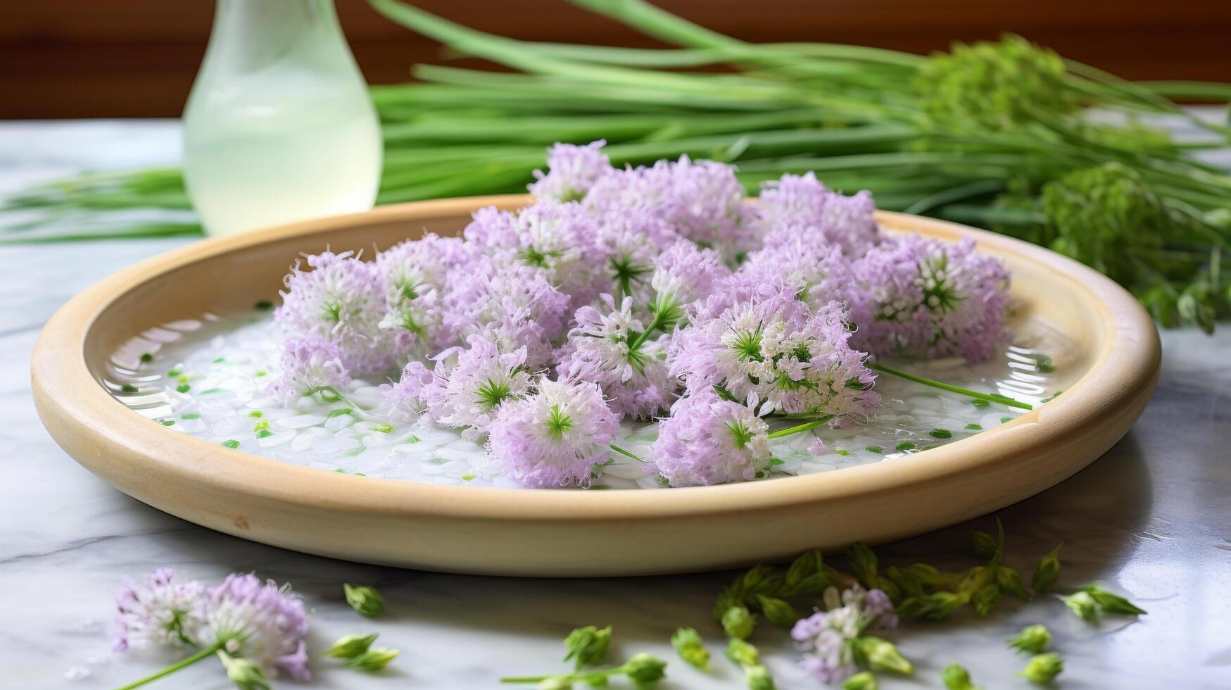 Marble tray holds freshly cut chive blossoms photo