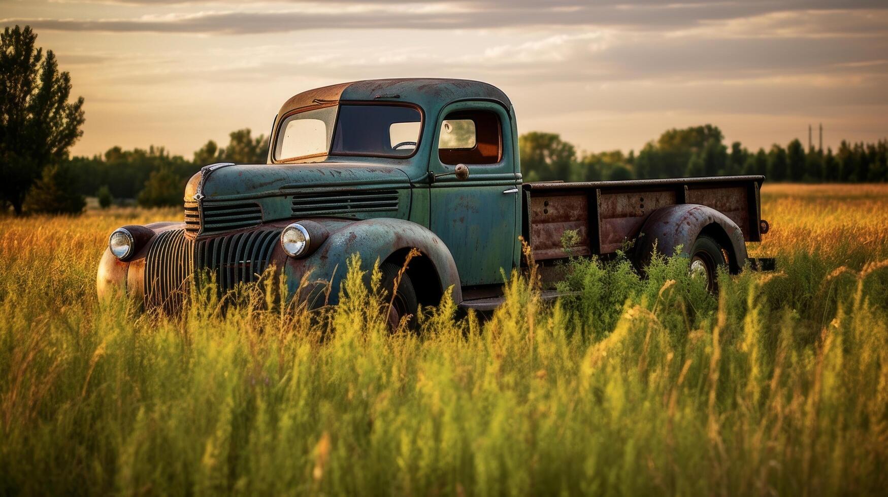 Classic farm truck parked in field photo