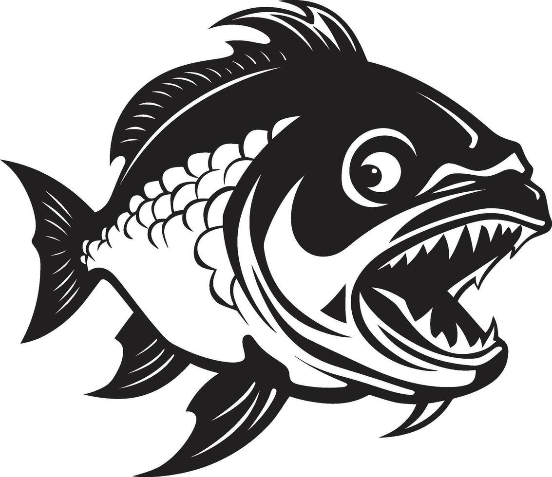 Jaws of Danger Noir Inspired Emblem with Stylish Piranha Ruthless Hunter Icon Sleek Black Emblem with Elegant Piranha vector