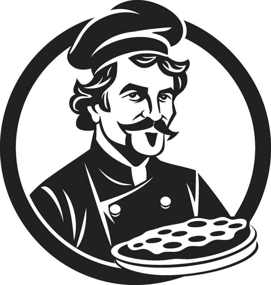 noir pizzaiolo elegancia elegante logo con Pizza cocinero sombrero gastrónomo tarta icono pulcro negro emblema ilustración para un sabroso imagen vector