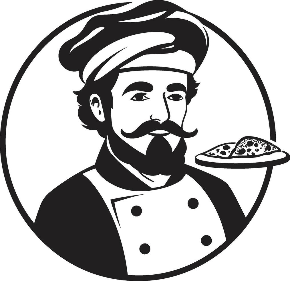 Taste Sensation Elegant Black Logo Design with Stylish Pizza Chef Art Mouthwatering Maestro Intricate Illustration in Noir Black vector