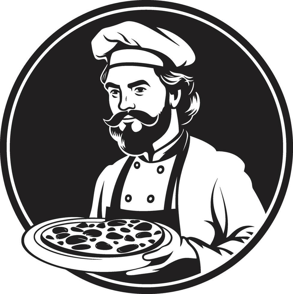 Savory Slice Unleashed Dark Icon Illustration for Modern Branding Pizza Chef Mastery Chic Black Emblem with Sleek Culinary Design vector