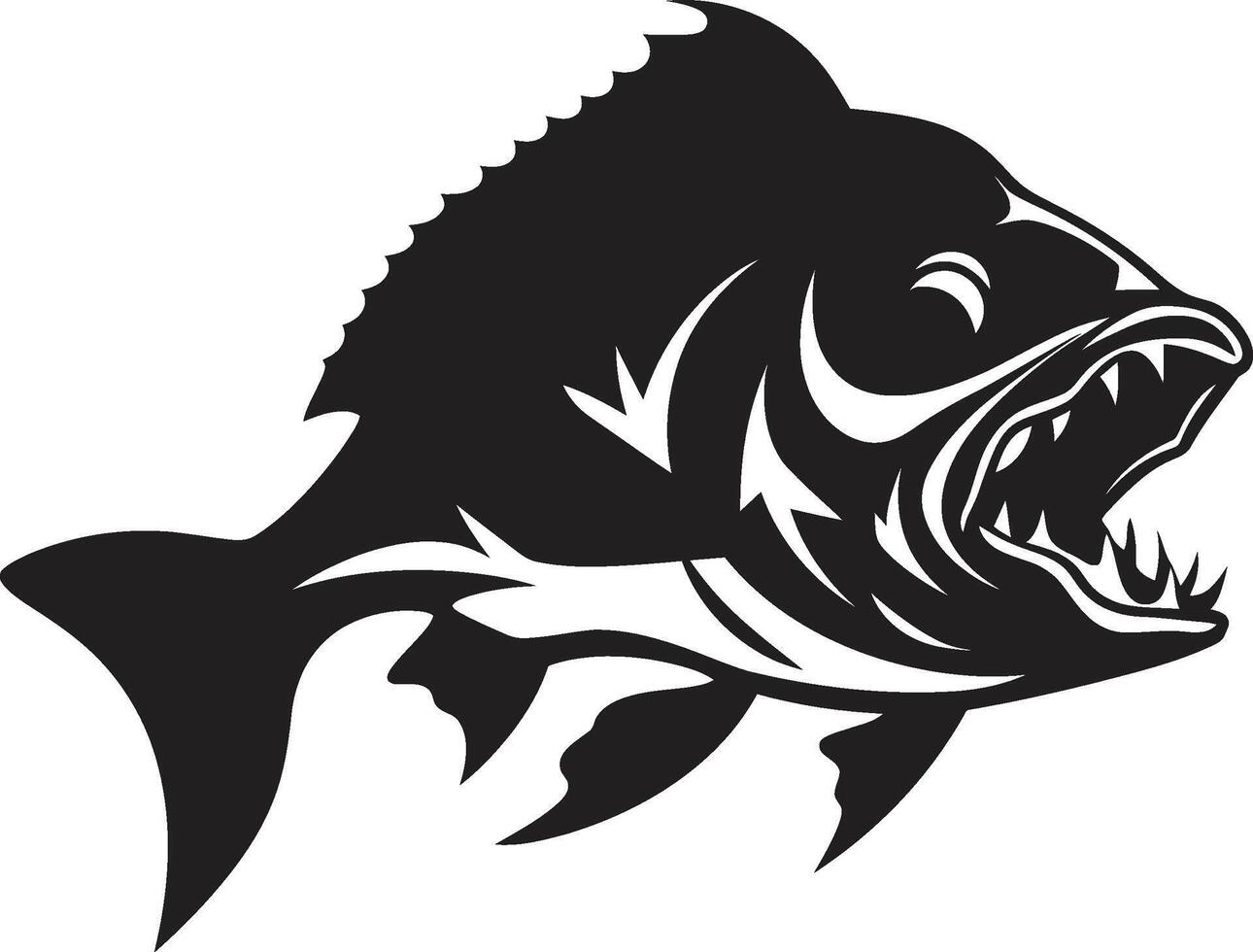 Ruthless Hunter Icon Chic Black Emblem with Intricate Piranha Dark Water Fury Stylish Logo with Ferocious Piranha Silhouette vector