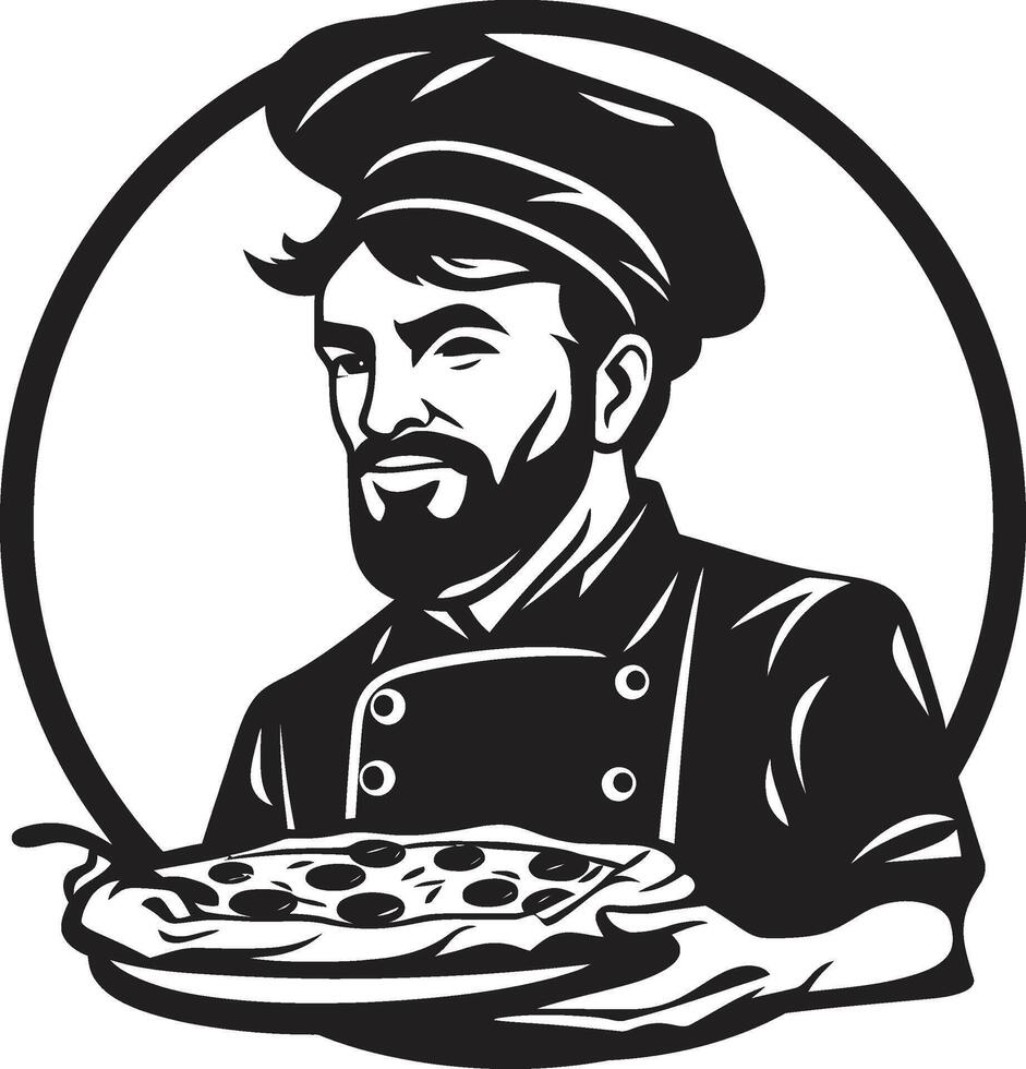 Pizza Delight Maestro Elegant Black Emblem for a Captivating Image Pepperoni Passion Chic Logo Design with Stylish Pizza Chef Art vector