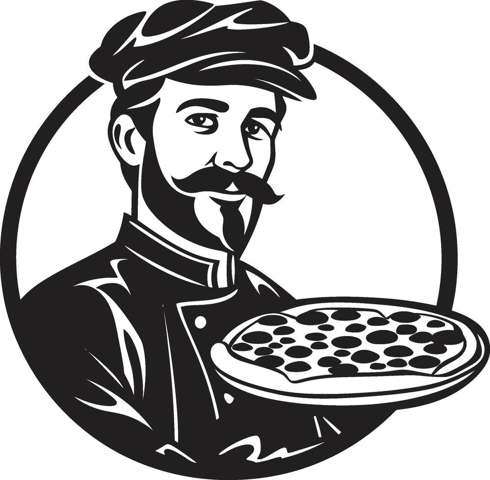 Mouthwatering Chef Sleek Black Logo Design with Pizza Silhouette Gourmet Pie Creator Contemporary Emblem with a Modern Twist vector