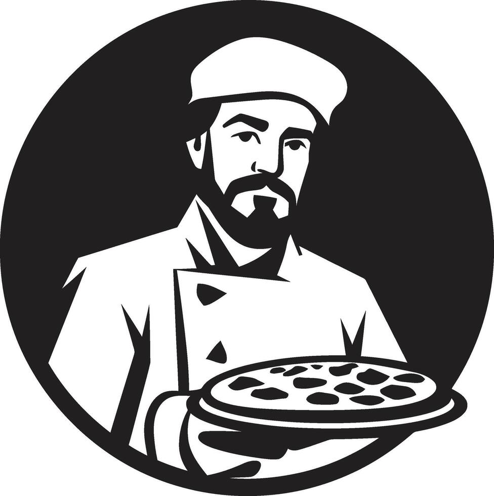 Pepperoni Passion Chic Logo Design with Stylish Pizza Chef Art Noir Pizzaiolo Elegance Intricate Black Icon for a Flavorful Brand Identity vector