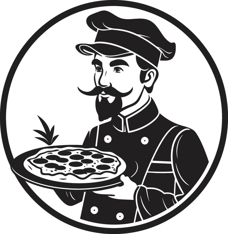 culinario maestría intrincado negro emblema para un moderno pizzería Mira artesanal pizzaiolo elegante icono con pulcro Pizza silueta vector