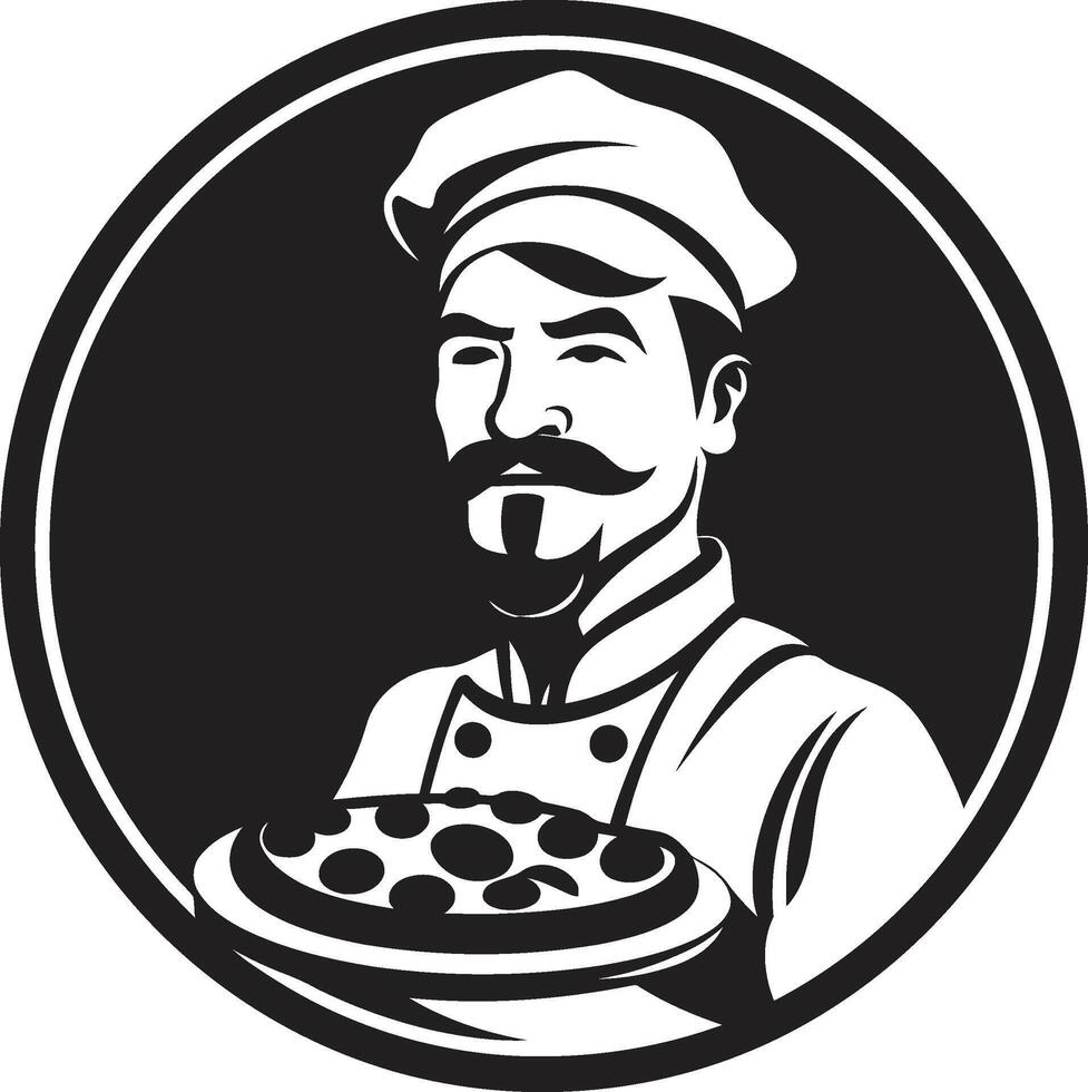 Gourmet Pie Icon Chic Illustration with Elegant Pizza Chef Hat Pizza Delight Maestro Sleek Black Logo for a Captivating Pizzeria vector