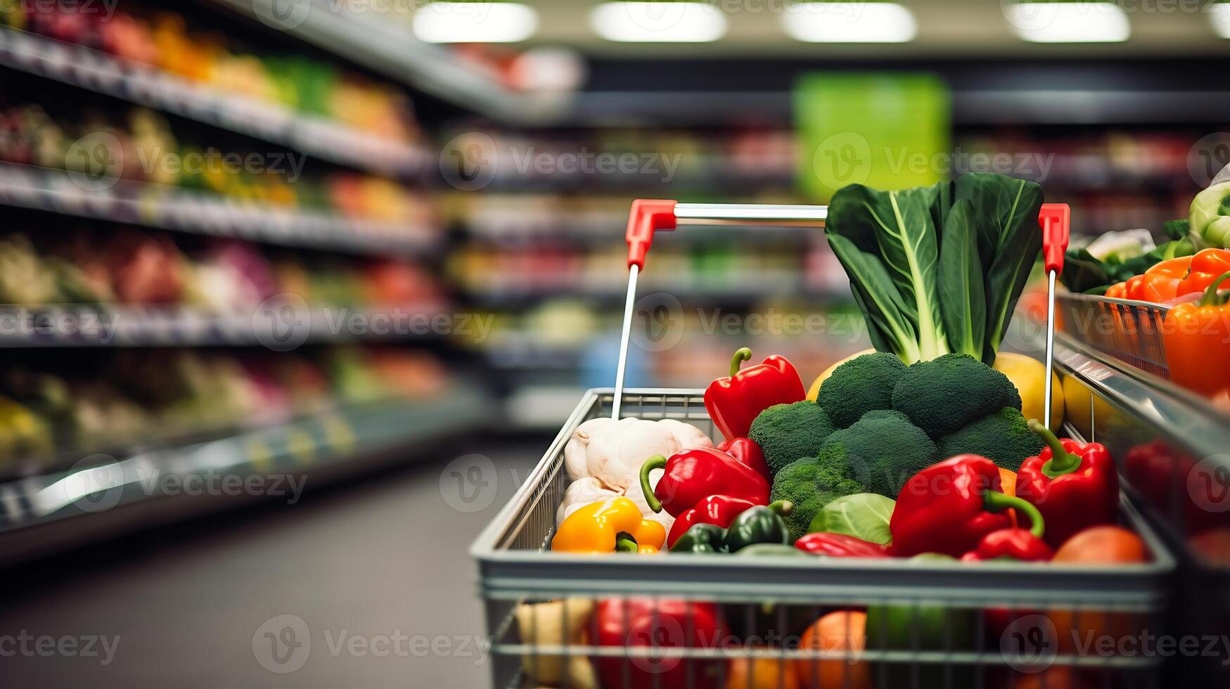 Shopping cart full of fresh vegetables in supermarket, closeup view photo