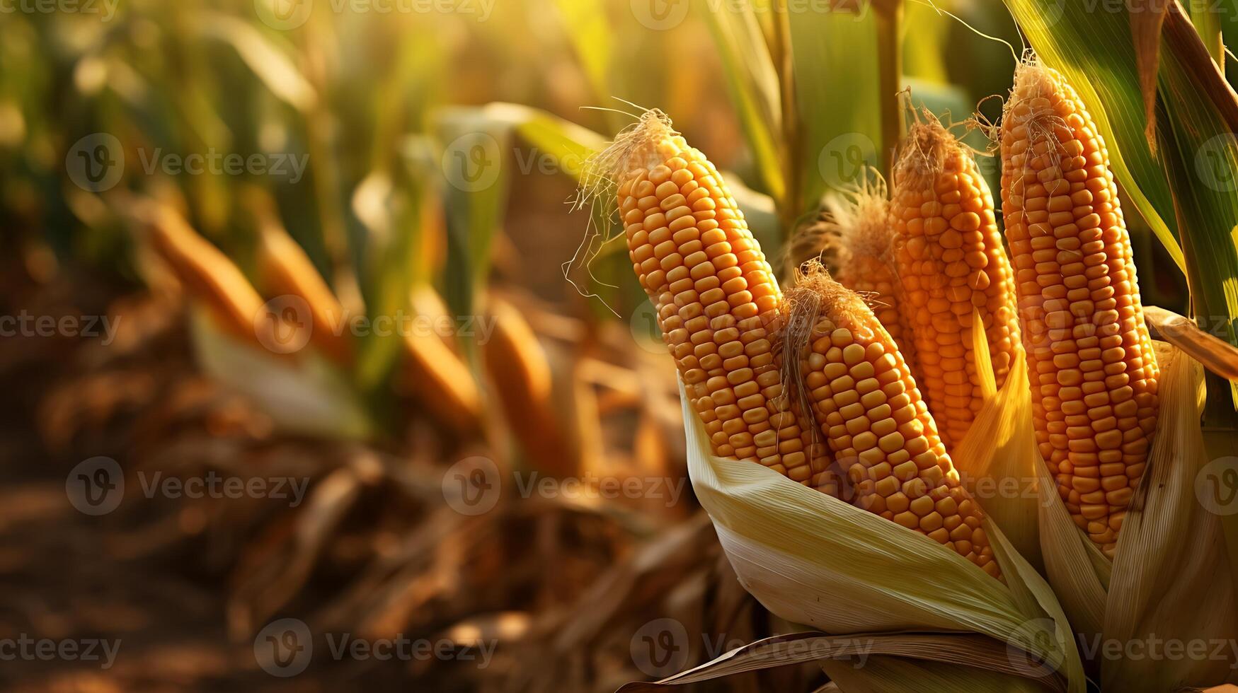 Ripe corn on the cob in the field. Shallow depth of field photo