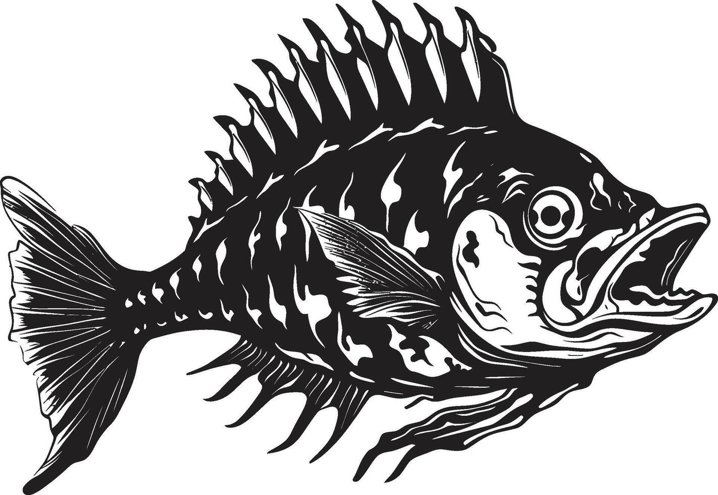 Bone chilling Presence Iconic Black Predator Fish Skeleton Design Macabre Morphology Predator Fish Skeleton Logo in Black Icon vector