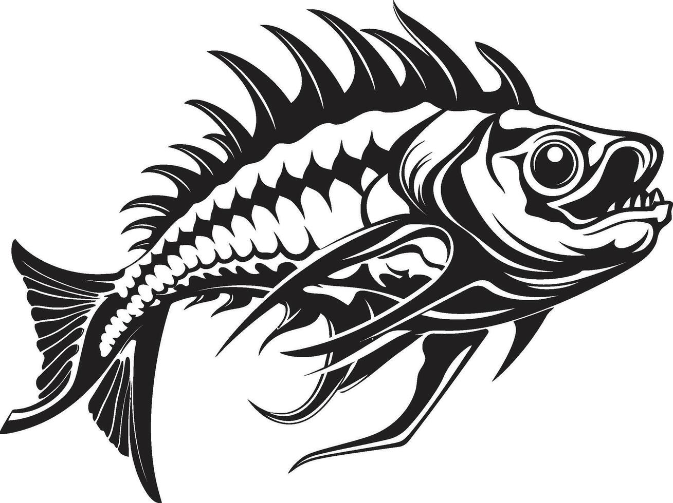 Shadowy Spine Minimalistic Predator Fish Skeleton Logo in Black Sinister Skeletal Iconic Black Predator Fish Skeleton Design vector
