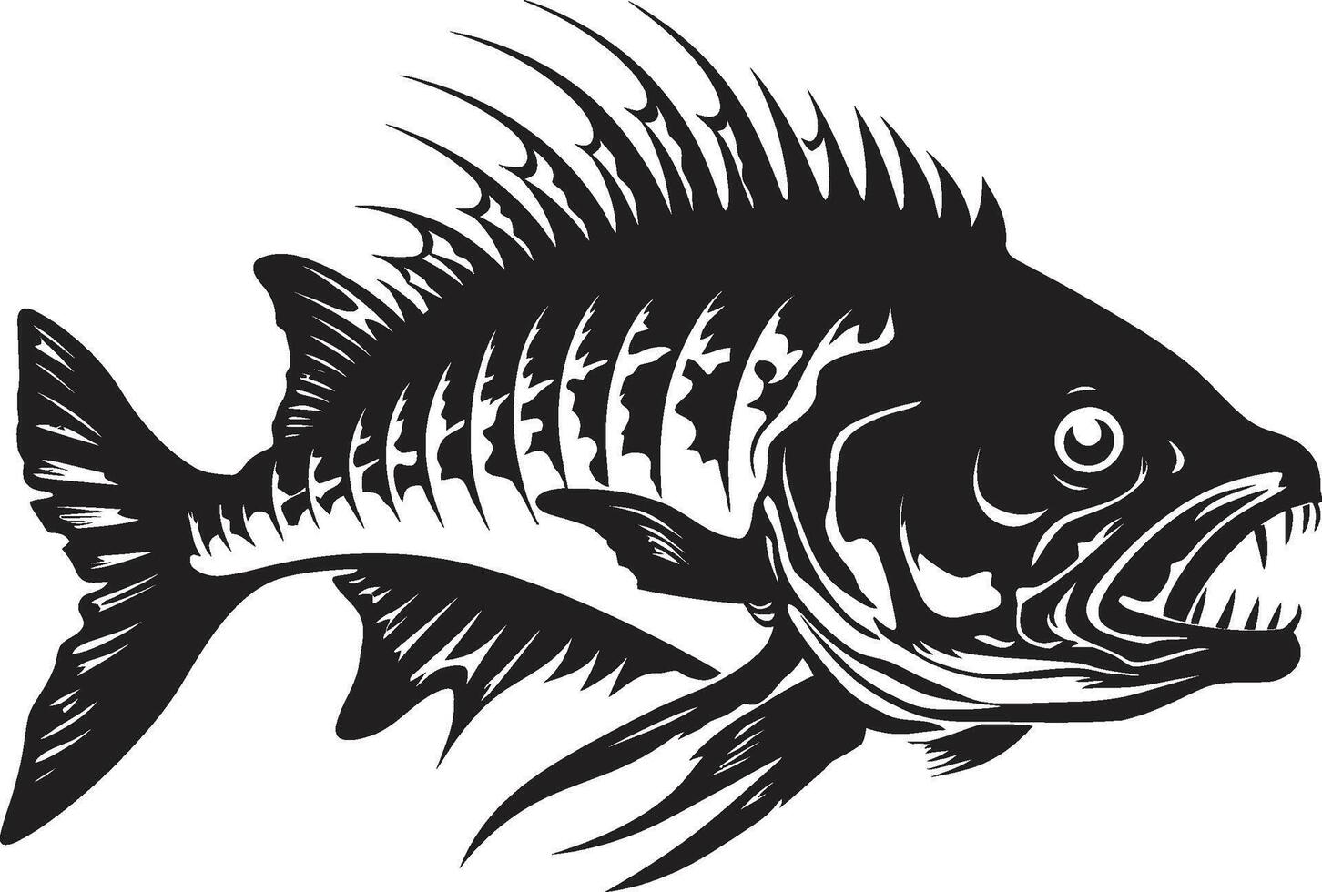 vicioso vertebrado depredador pescado esqueleto logo en elegante negro obsesionante heraldo negro icono diseño de depredador pescado esqueleto vector