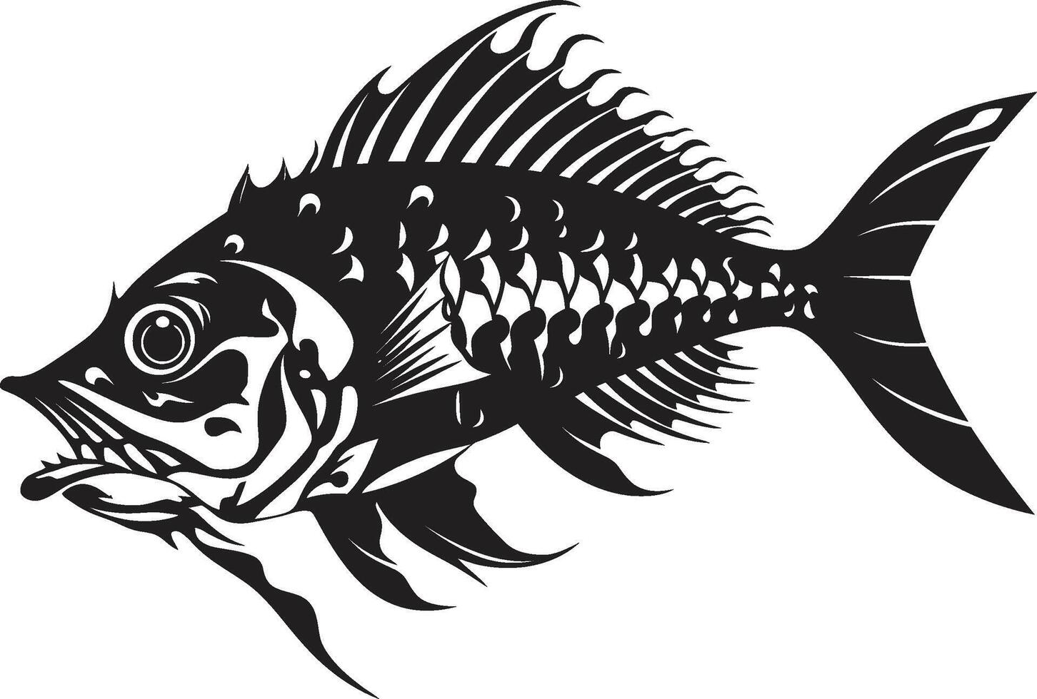 fantasma fisiología logo de depredador pescado esqueleto en negro severo branquias negro icónico depredador pescado esqueleto diseño vector