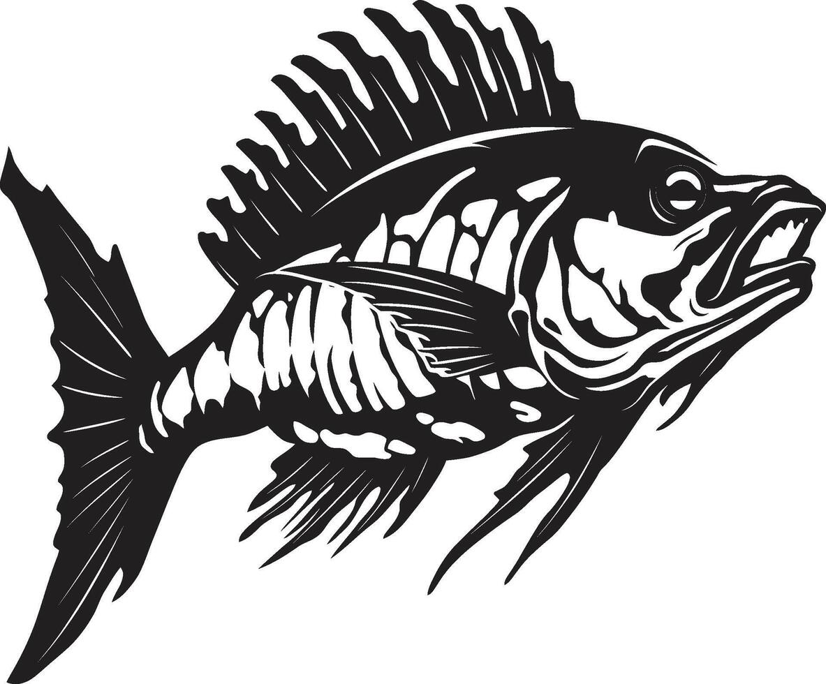 Grisly Glyphs Minimalistic Predator Fish Skeleton Icon in Black Eerie Exoskeleton Iconic Predator Fish Skeleton Logo in Black vector