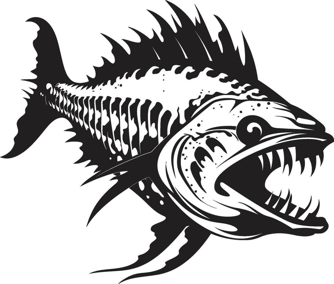 vicioso vertebrado negro icónico depredador pescado esqueleto diseño obsesionante heraldo depredador pescado esqueleto logo en elegante negro vector