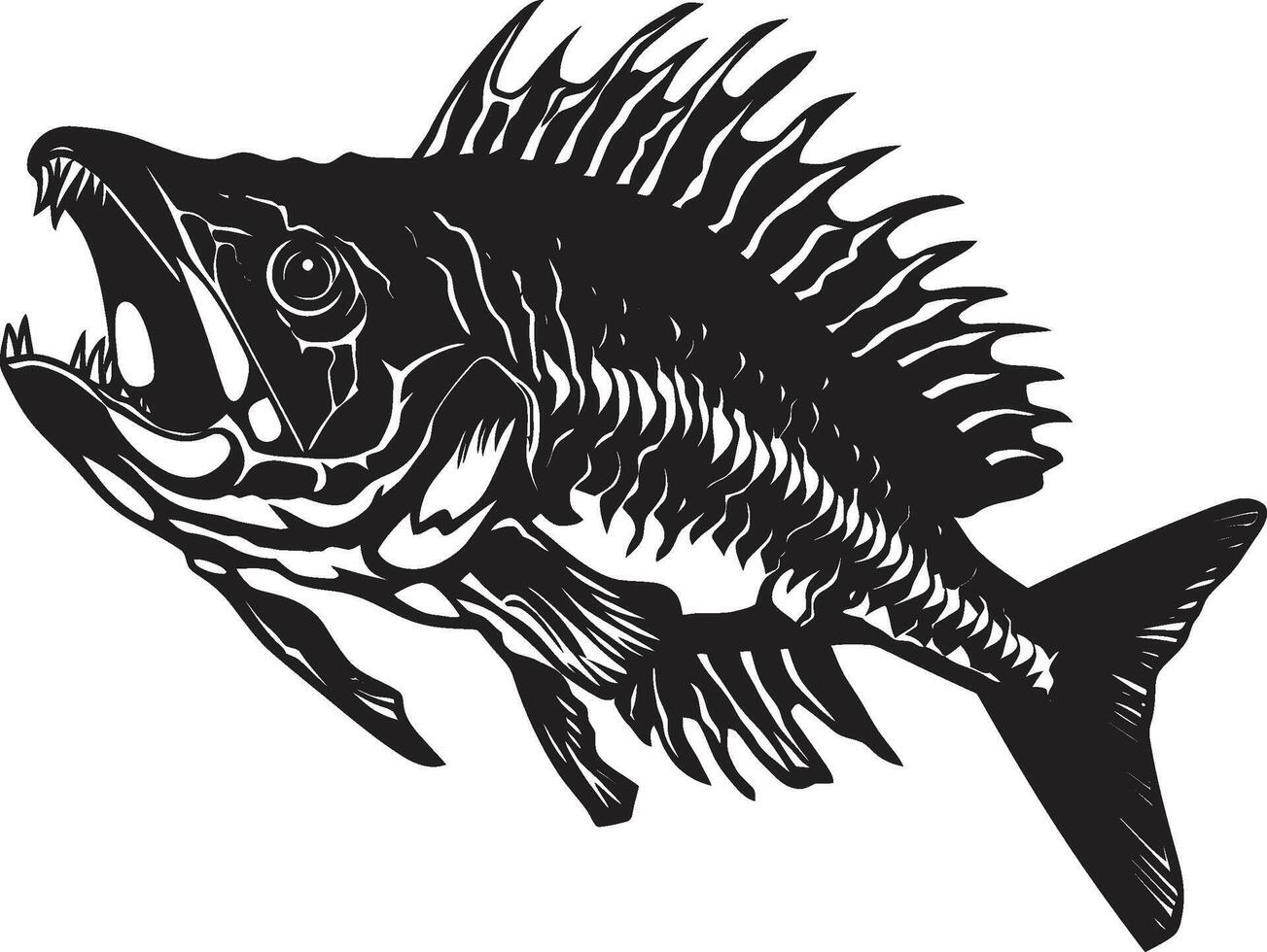 espeluznante glifos logo de depredador pescado esqueleto en negro misterioso exoesqueleto negro icónico depredador pescado esqueleto diseño vector