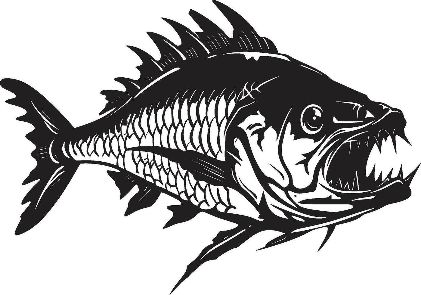 cauteloso esqueleto negro icono diseño de depredador pescado esqueleto logo amenazador médula logo de depredador pescado esqueleto en negro vector