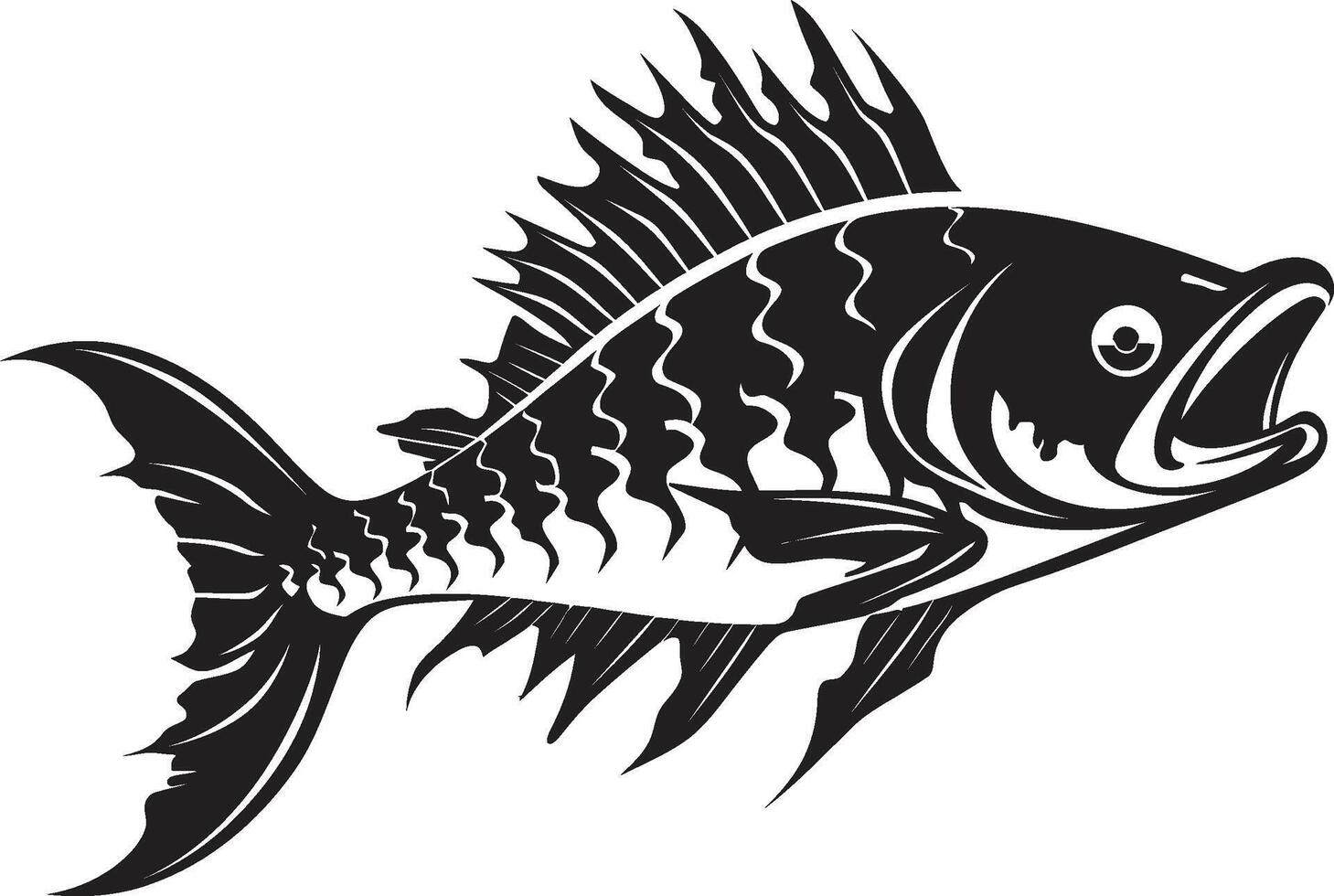 Ferocious Fins Black Icon of Predator Fish Skeleton Logo Sinister Skeletal Emblem Elegant Black Design for Predator Fish Skeleton vector