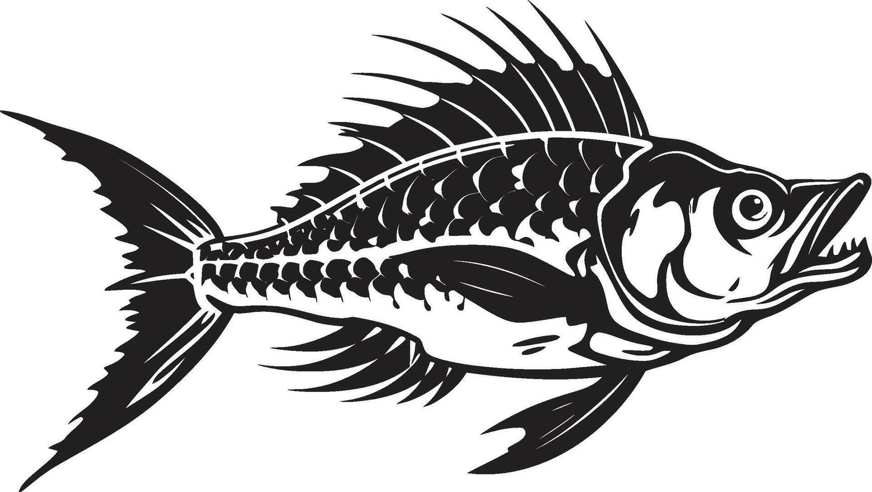 Vicious Vertebrate Black Icon Design of Predator Fish Skeleton Haunting Harbinger Minimalistic Predator Fish Logo in Black vector