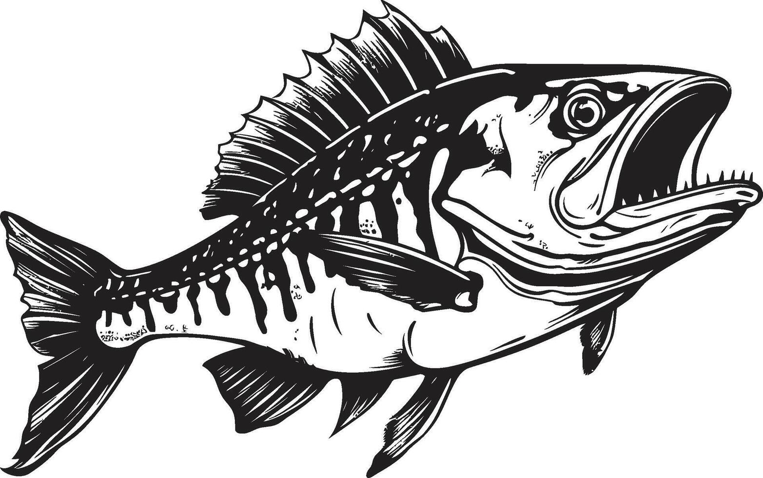 Sinister Skeletal Black Iconic Predator Fish Skeleton Design Abyssal Aura Predator Fish Skeleton Logo in Elegant Black vector