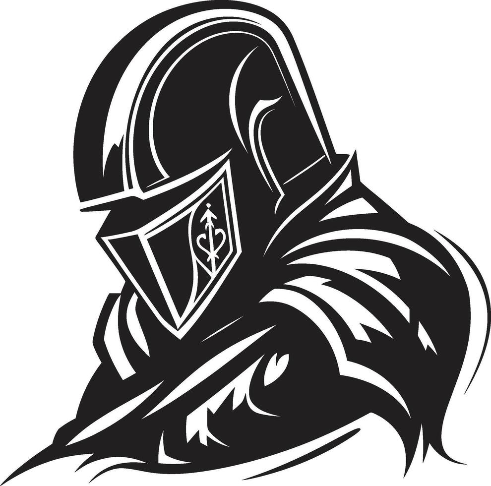 Crestfallen Cavalier Iconic Sad Knight Soldier Logo in Black Sombre Sentinel Elegant Black Design for Sad Knight Soldier vector