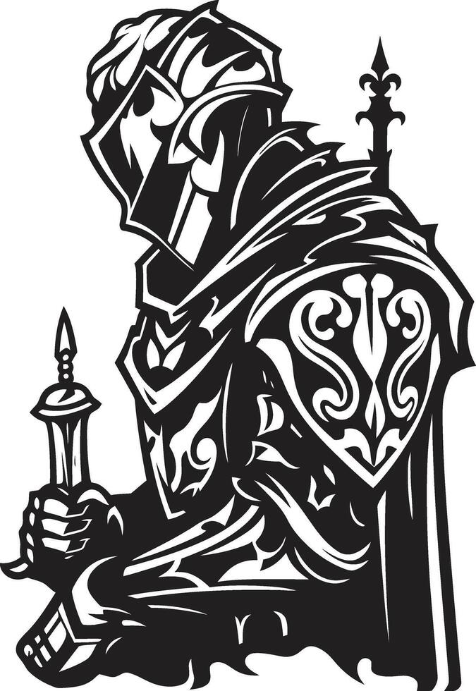Regretful Knightfall Black Icon Design for Sad Knight Soldier Sombre Sentinel Elegant Black Sad Knight Soldier Emblem vector