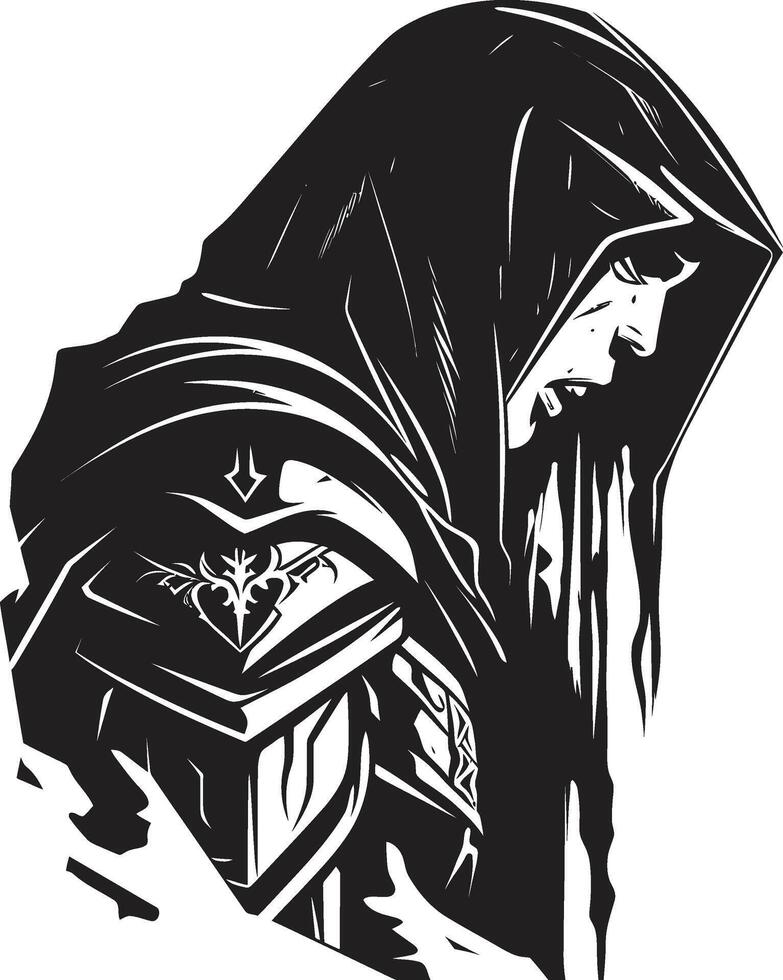 Tearful Templar Black Icon Design for Sad Knight Soldier Logo Dolorous Defender Elegant Black Design for Sad Knight Soldier vector