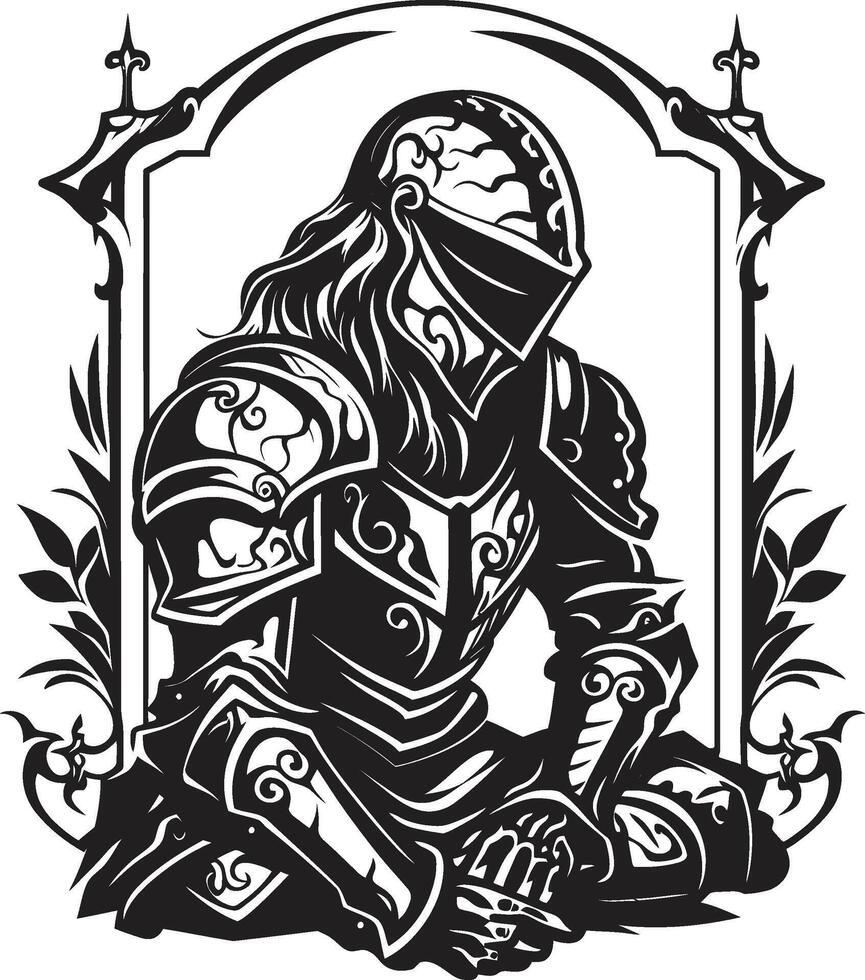 Wistful Warrior Black Icon Design for Sad Knight Soldier Regretful Sorrow Iconic Sad Knight Soldier Logo in Black vector