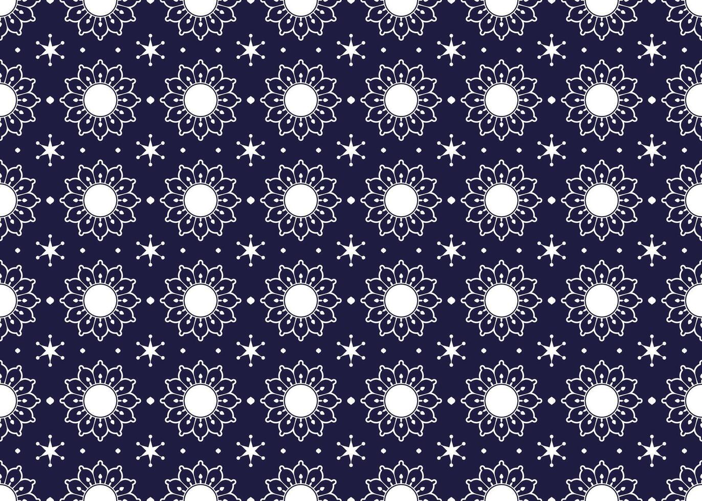 White symbol flowers form on dark blue background, ethnic fabric seamless pattern design for cloth, carpet, batik, wallpaper, wrapping etc. vector