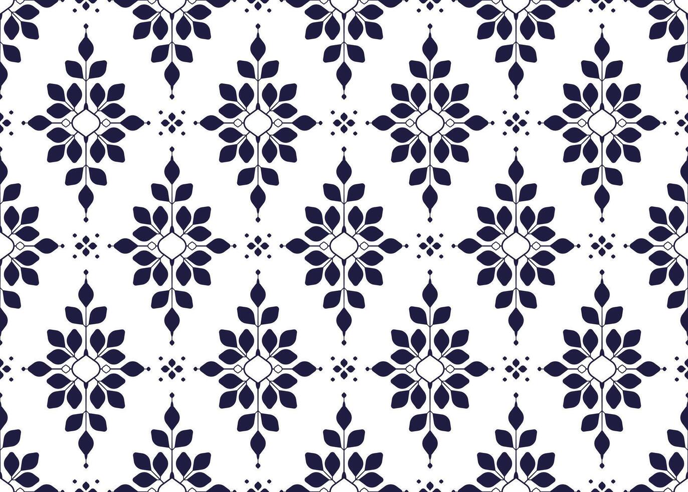 Symbol dark blue flowers and leaves on white background, ethnic fabric seamless pattern design for cloth carpet batik, wallpaper wrapping etc. vector