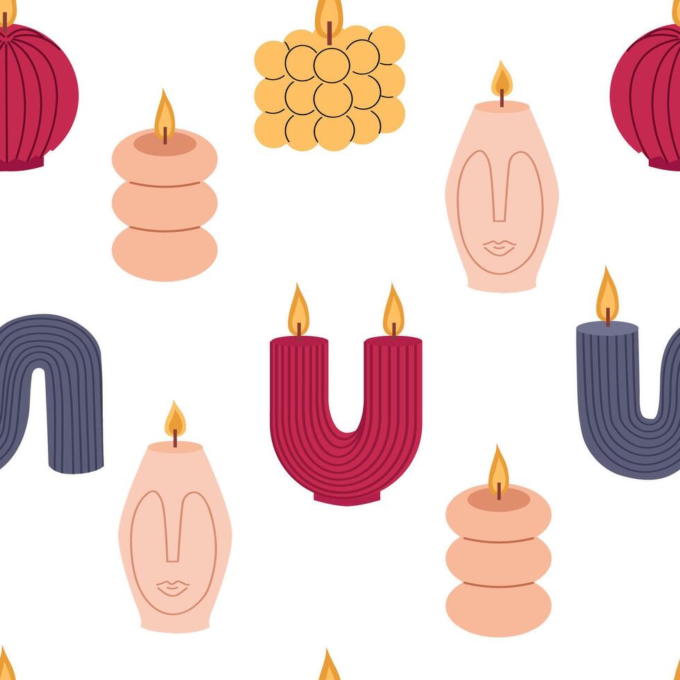 Trendy candles of various shapes and colors. Seamless pattern background for packaging, fabric, wallpaper. vector