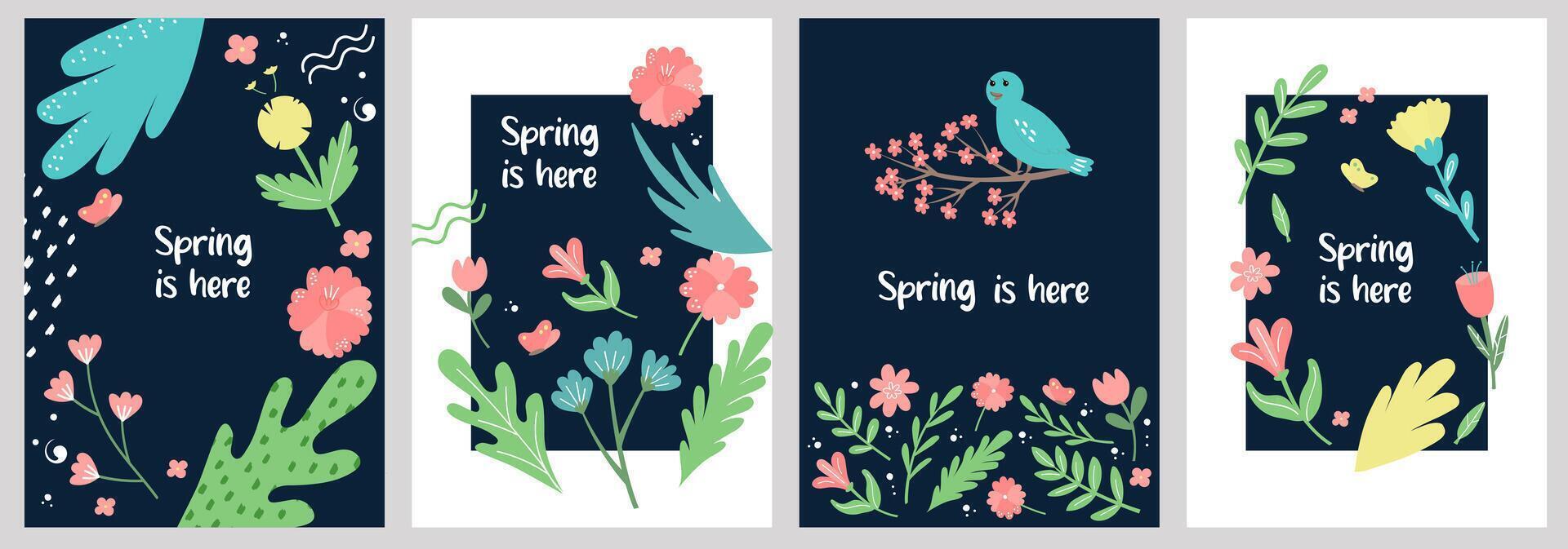 Set of spring summer postcard templates in trendy style. vector