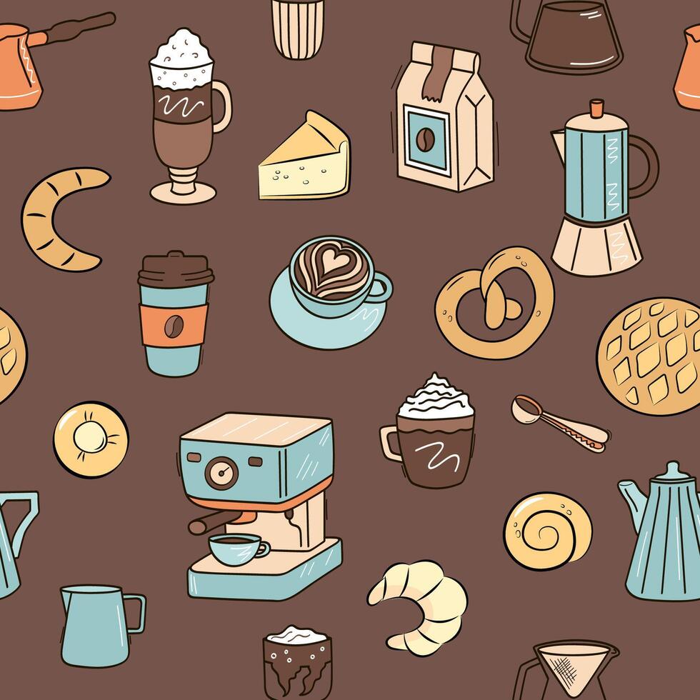 Bakery, coffee shop, cafe brown background. Seamless color pattern in doodle contains coffee, fresh pastries. vector