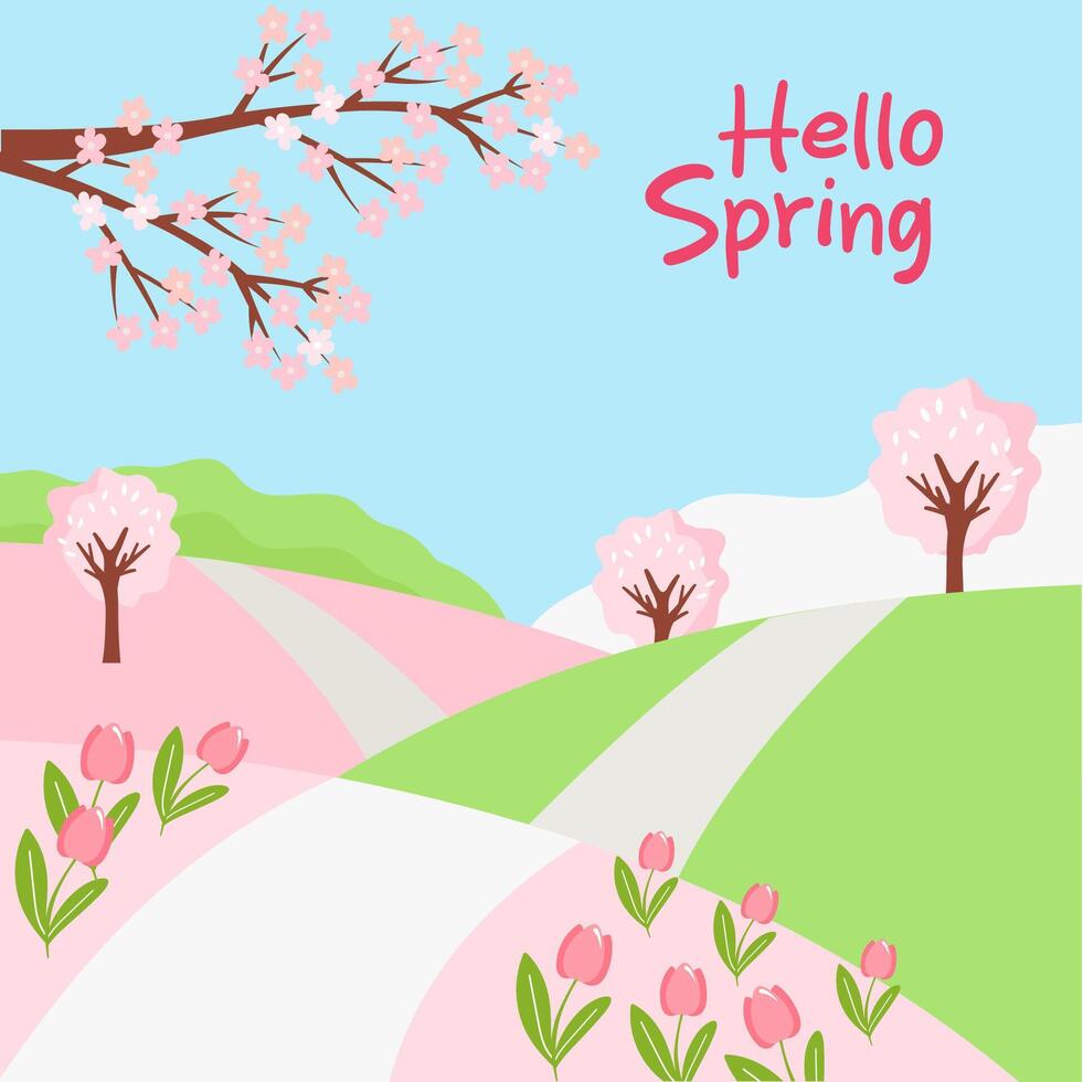 Spring nature greeting card template. Flowering park and couple on bench, trees in bloom. Illustration for social media post, postcard or cover. vector
