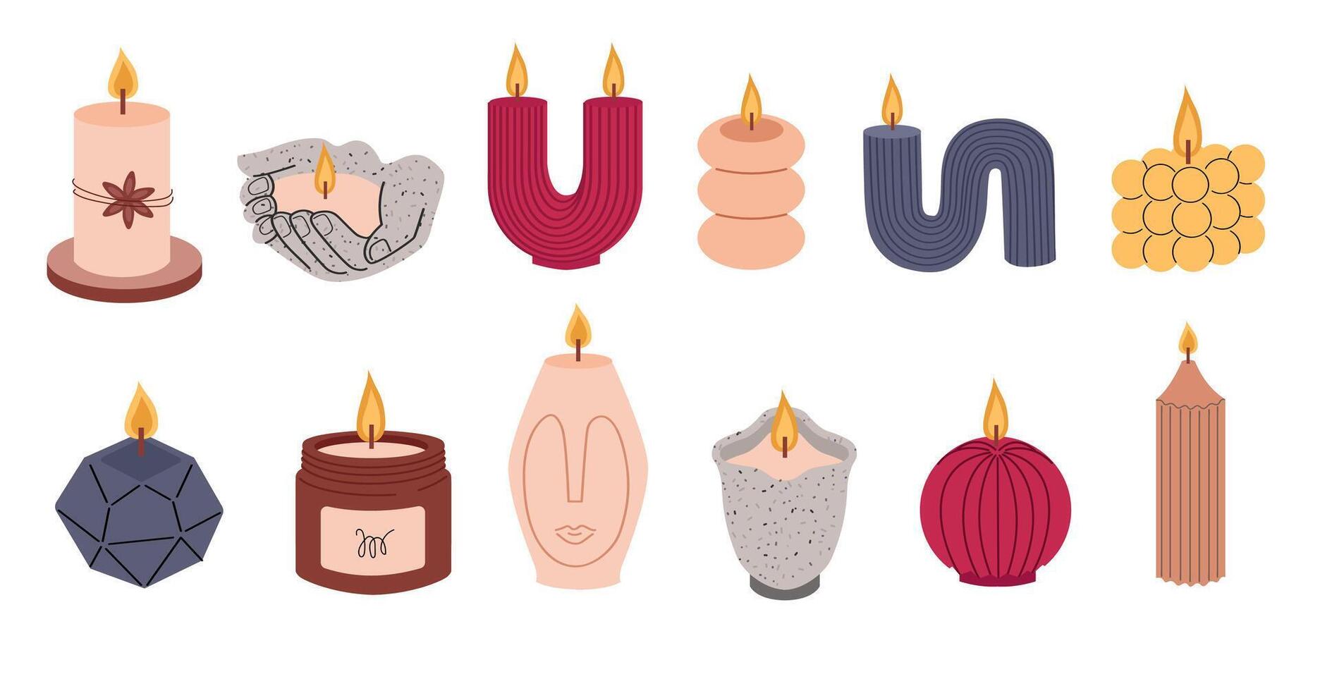 Set of trendy candles of various shapes and colors. Aroma candles in scandi style - collection on white background. vector