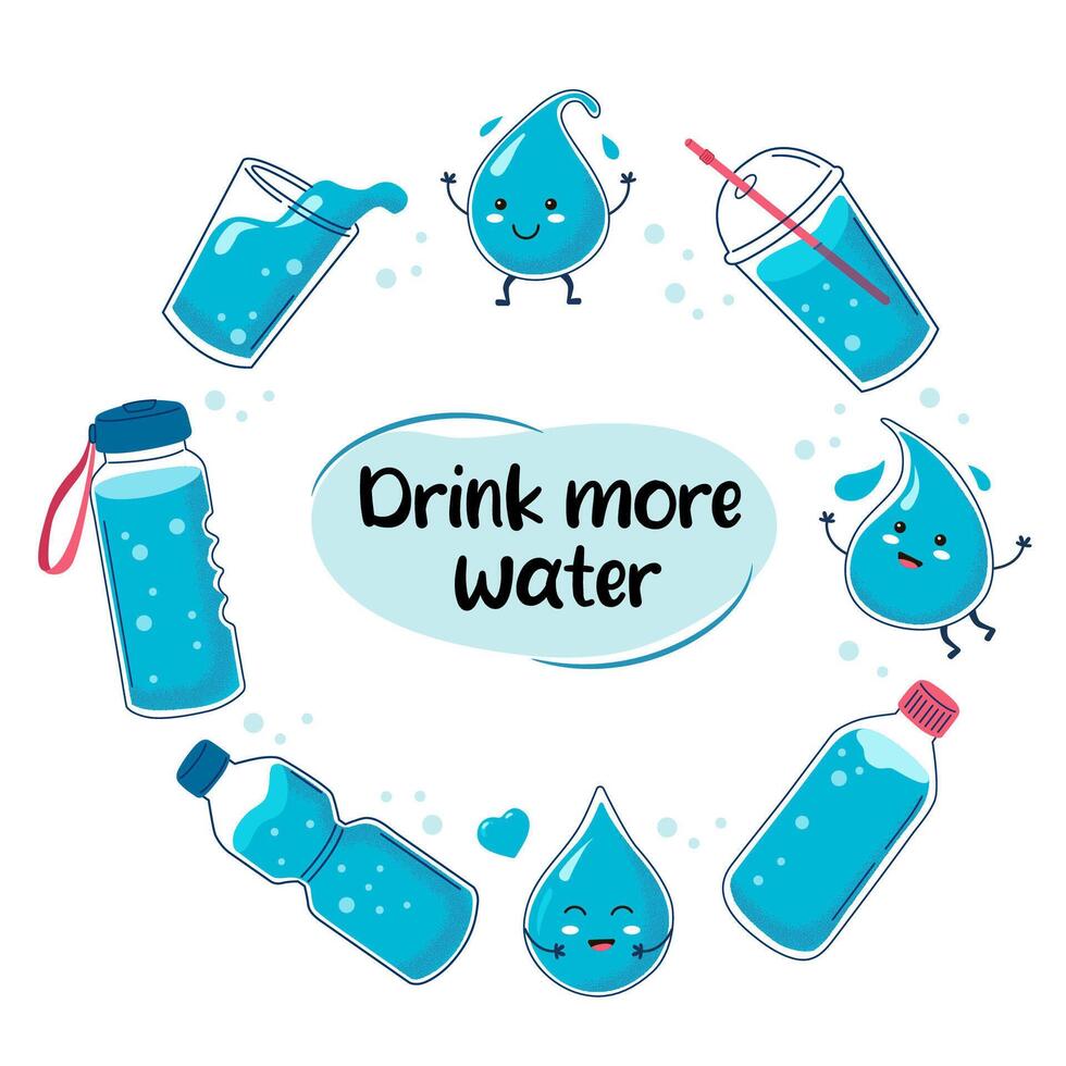 Concept drink more water. Water in glass, plastic bottle, thermos. Collection of cute water cartoon drops characters vector