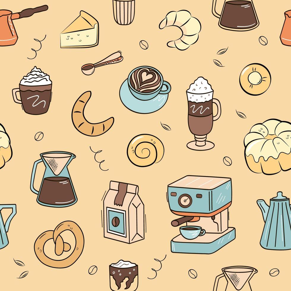 Bakery, coffee shop, cafe background. Seamless color pattern in doodle contains coffee, fresh pastries. vector