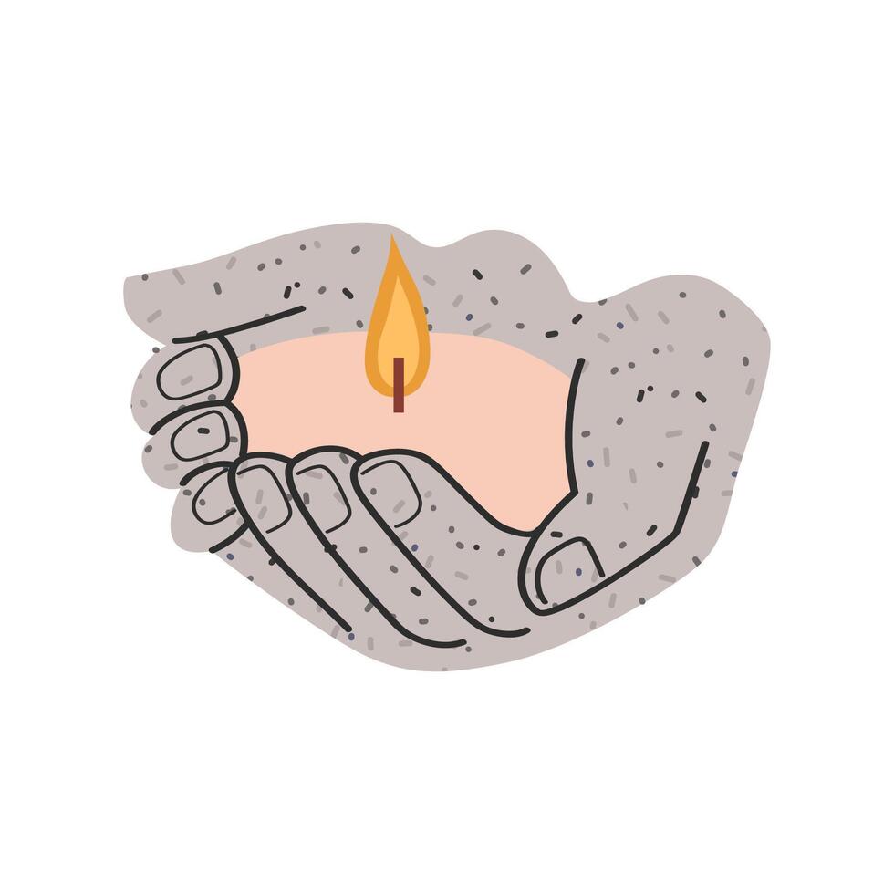 manos sostener fuego. candelero con vela ilustración en blanco antecedentes. vector
