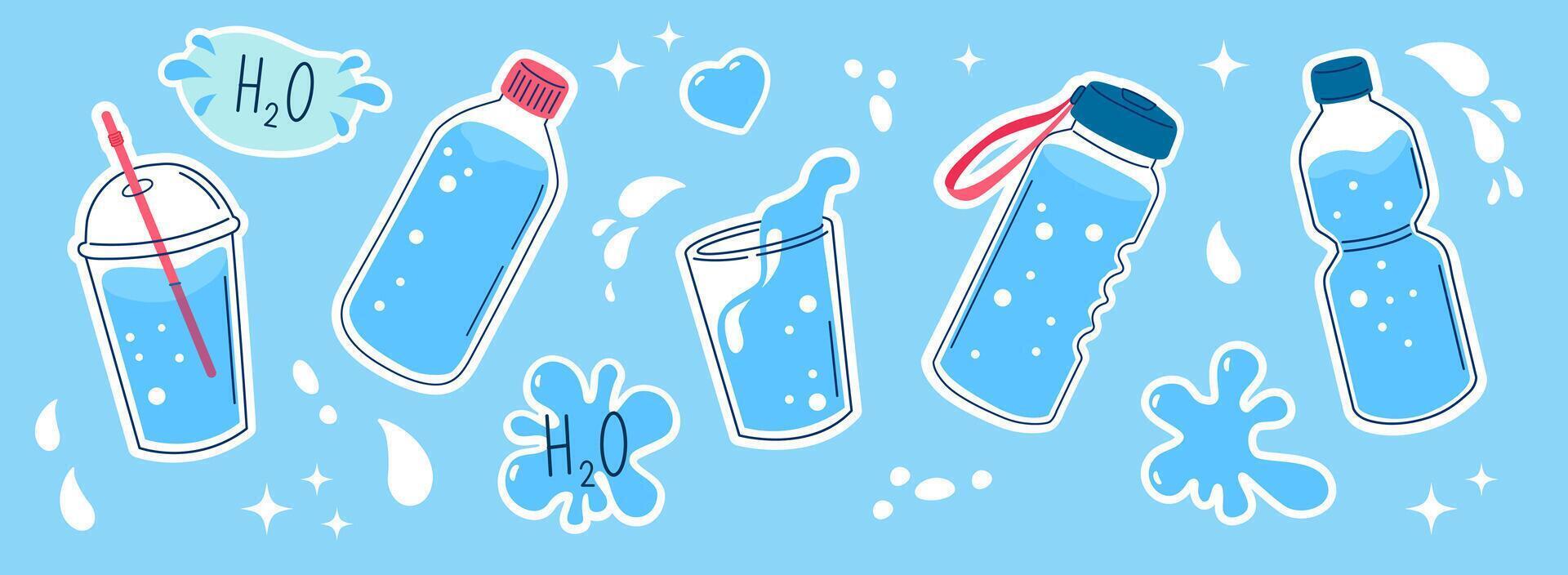 Water in glass, plastic bottle, thermos. Collection of cute flat style templates for sticker, patch, badge. vector