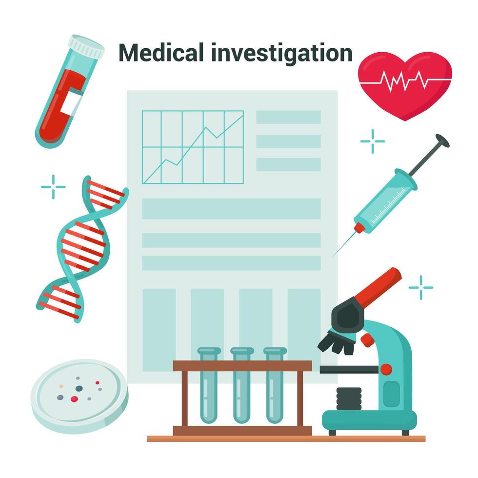 Medical investigation. A form with the results of laboratory tests. Laboratory equipment, dna, test tube, petri dish, microscope. vector