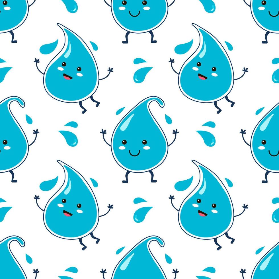 Cute water cartoon drops characters. Seamless pattern. vector