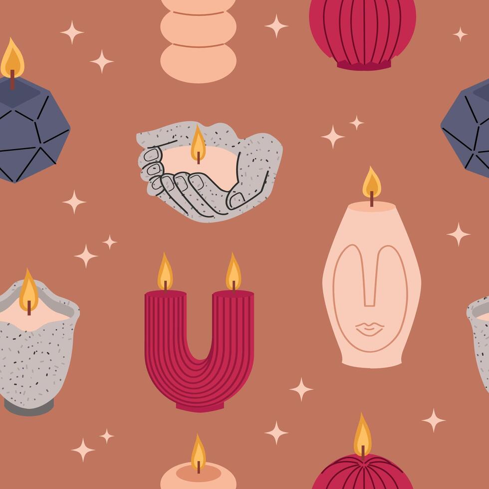 Trendy candles of various shapes and colors. Seamless pattern background for packaging, fabric, wallpaper. vector