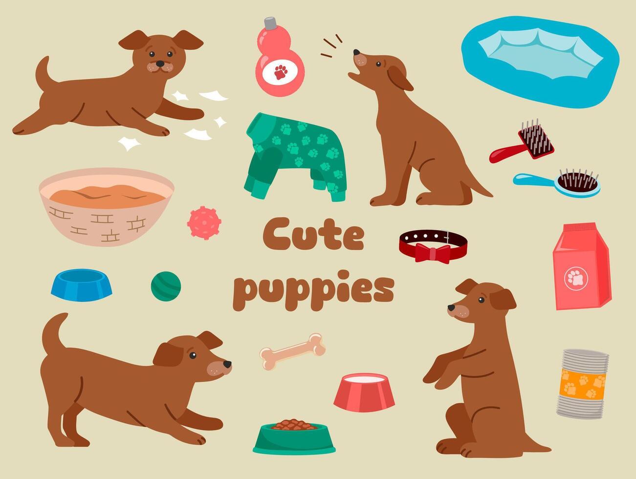 Cute puppies and pet products - food, toys, bed. Set of cute colorful elements on the theme of dogs and caring for them. vector