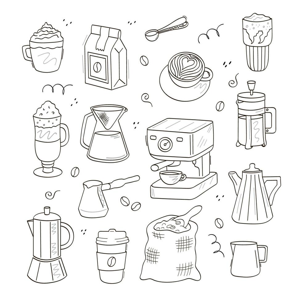 Coffee, coffee pot, coffee machine, bag of beans, latte, cappuccino, glass. A large set of doodle outline icons. vector